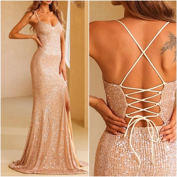 Luxe sequins slit thigh formal party evening wedding prom Lace up dress - Picture 2 of 3